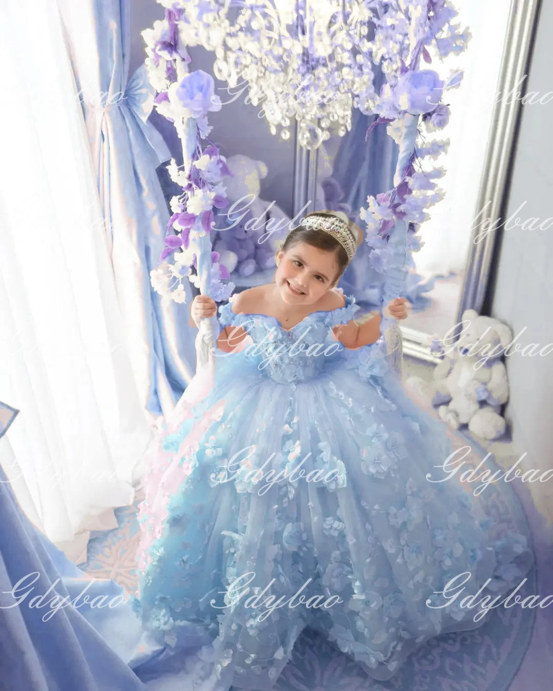 Pink 3d Applique Flower Girl Dress For Wedding Off Shoulder Luxurious Pearls Tulle Child First Eucharistic Birthday Party Dress