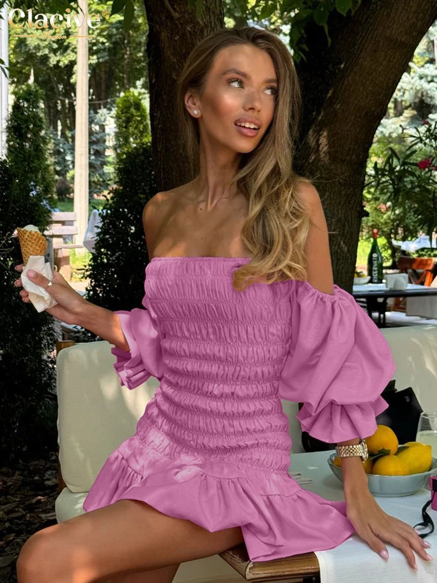 Clacive Bodycon Pink Linen Dress Ladies Sexy Chic Strapless Short Sleeve Mini Dress Elegant Pleated Party Dresses For Women 2025