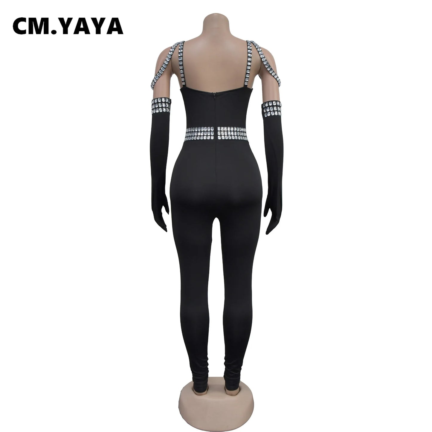 CM.YAYA Women Diamonds Hot Rhinestones Sexy Strap Long Sleeve Jumpsuits Streetwear Club One Piece Overall Rompers with Gloves
