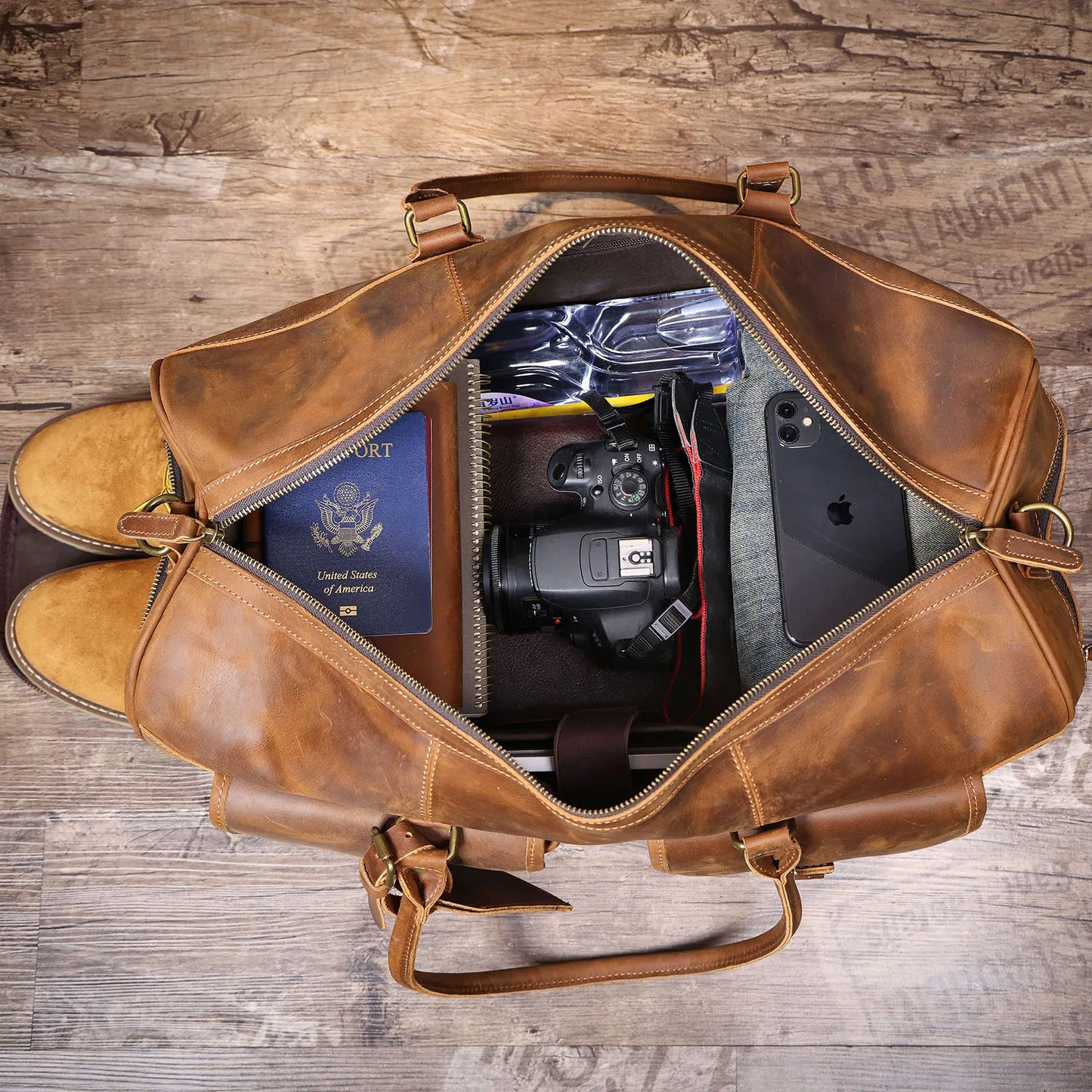 S.WORKER Vintage Genuine Leather Travel Bag Crazy-horse Cowhide Leather Duffel Bag Handicrafted Weekender Bag Gym Bag