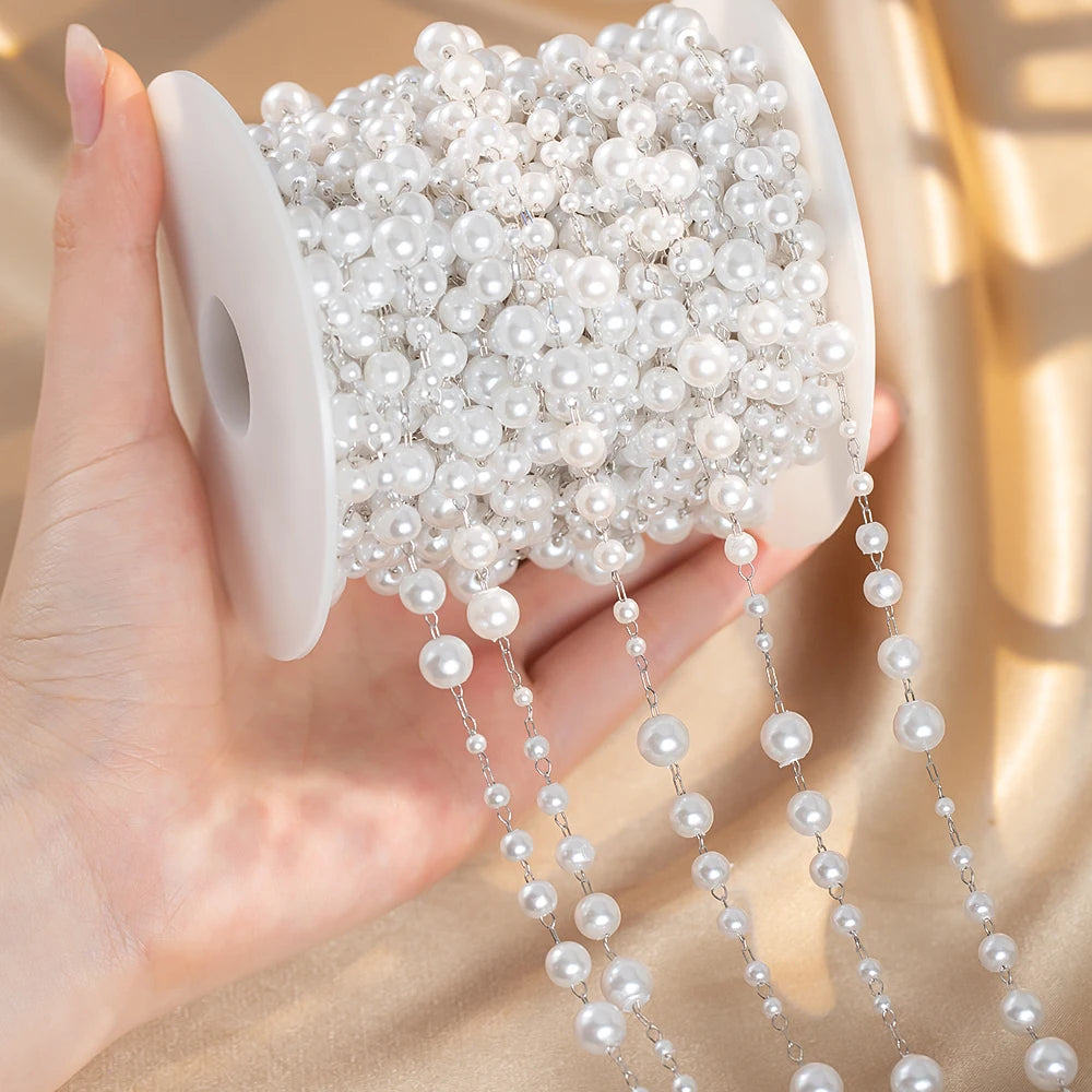 0.5M 1M Imitation Pearl Waterdrop Charm Beaded Chain Plastic White Ball Beads Copper Chains Necklace Cloth DIY Jewelry Making