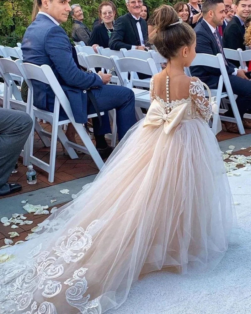 2024 Toddler Lace Tulle Flower Girls Dress Princess Kids Child Baptism Wedding Party Junior Bridesmaid Maxi Ball Gown Evening