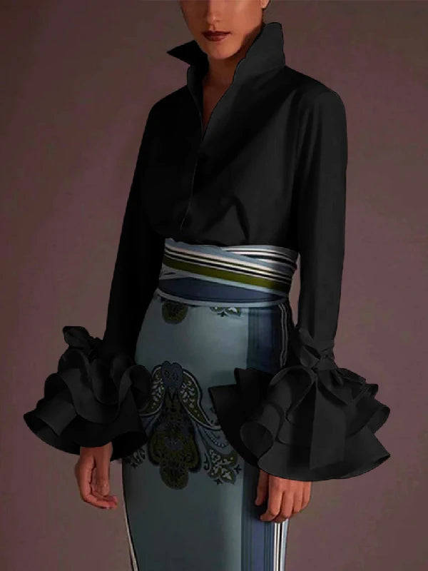 Women Elegant Flared Sleeves Falbala Blouses 2024 New Spring Autumn Black White Color Casual Office Lapel Shirts Tops