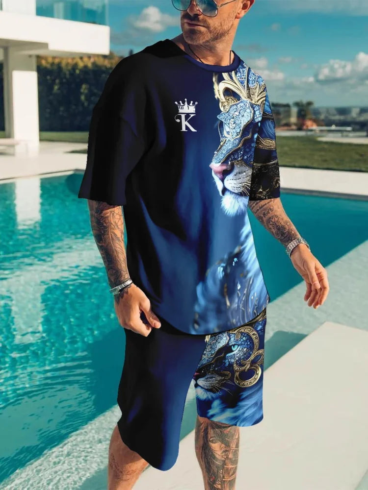 Men's Summer Short Sleeve Set Hip Hop Cartoon Bear Print Short Sleeve Top Shorts Casual Two-piece Outdoor Urban Street Fashion