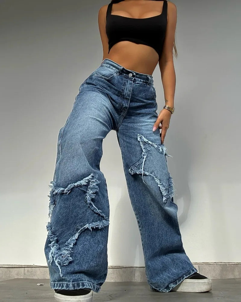 Y2K New Fashion Star Embroidery Patch Baggy Jeans Women Street Harajuku Vintage Hip Hop Casual Gothic High Waist Wide Leg Pants