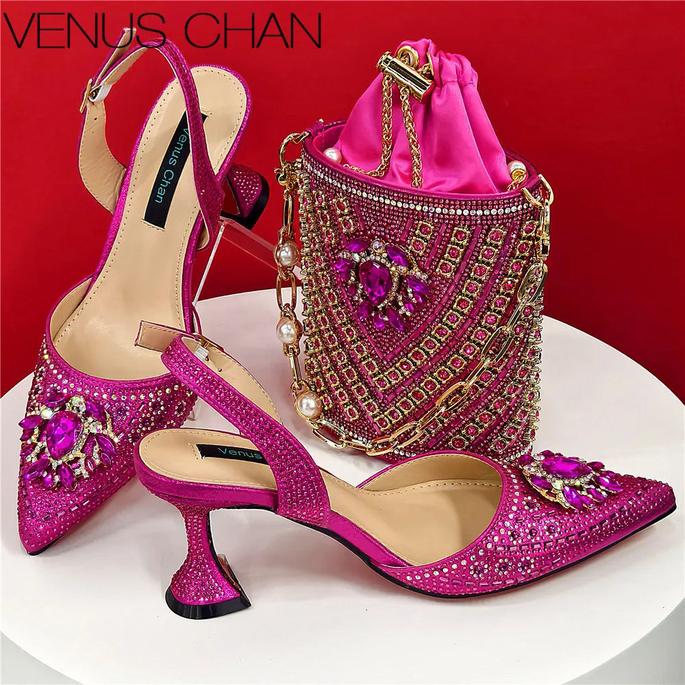 Nigerian Heel Party for Women Blue Color Shoes and Bag Set Rhinestone Handbag Italian Design Wedding INS 2025