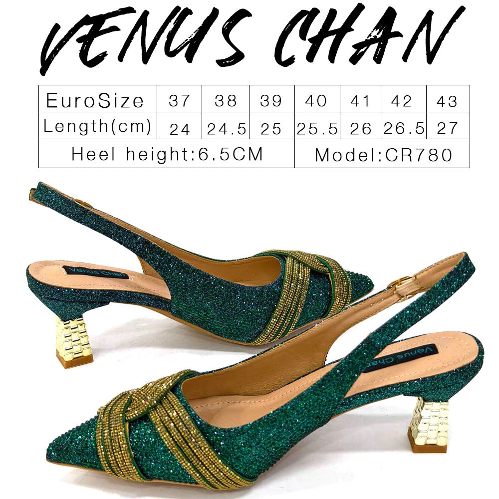 Venus Chan 2024 Special Design High Quality Orange Color African Women Shoes and Bag Set with Shinning Crystal for Wedding Party