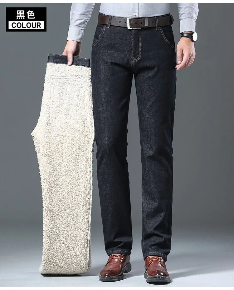 Winter New Fashion Trend Solid Color Plus Plush Thick Warm Jeans For Men's Casual Loose Sports Straight Leg Elastic Jeans 28-40