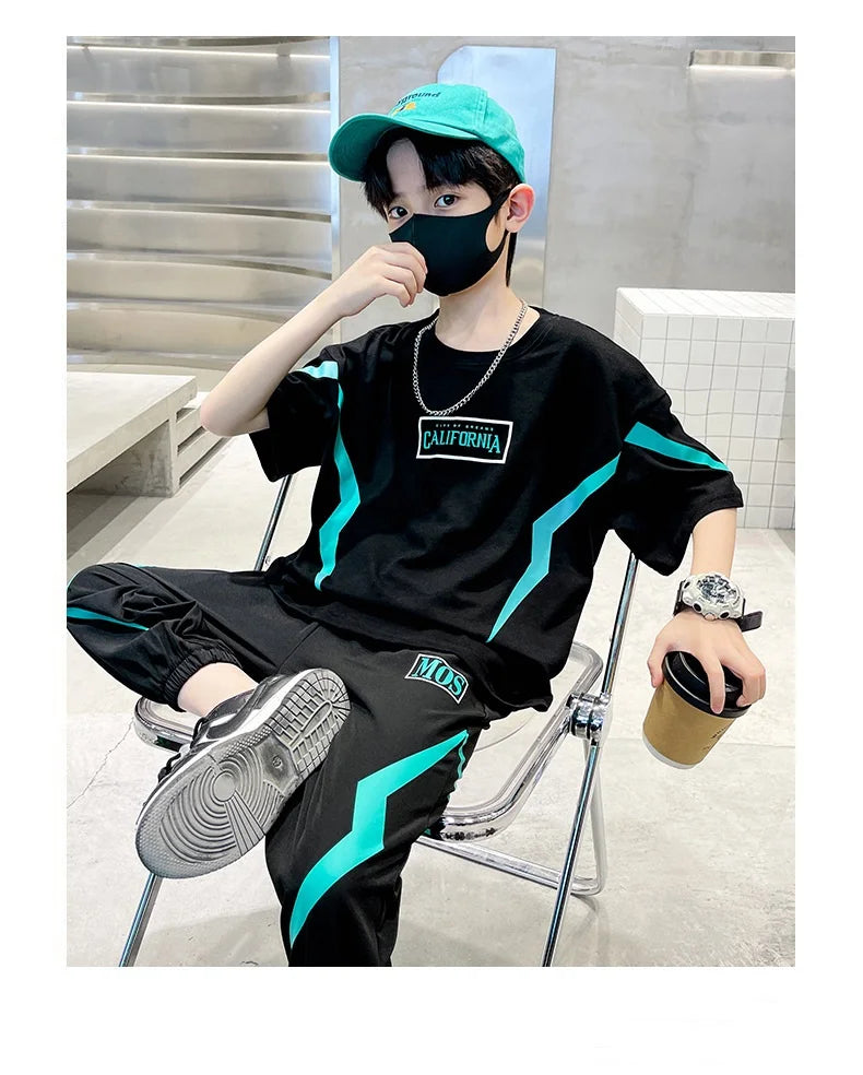 Summer Boys Cotton Alphabet Lightning T-Shirt Tops+Sweatpant School Kids 2PCS Tracksuit Child Jogger Outfit Workout Set 5-14 Yr