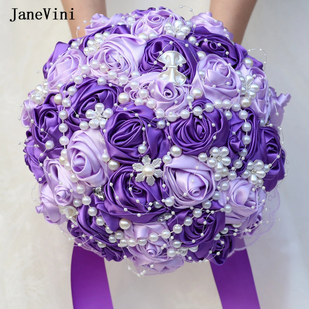 JaneVini Stunning Pearls Purple Flowers Bridal Bouquets Ribbon Handle Artificial Satin Roses Bride Bouquet Wedding Accessories
