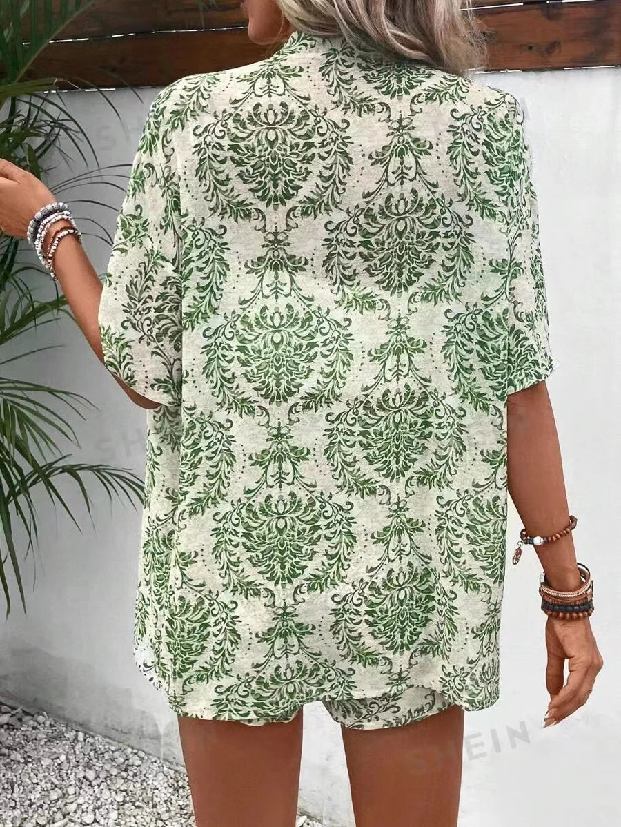 2024 Summer Casual Shirt Two Piece Set For Women Shorts 2 Piece Sets Outfit Print Short Sleeve Short Sets Outfits Home Sets