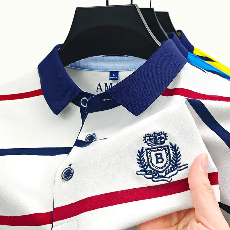 New Men's High End Brand Embroidered Polo Shirt Summer Trend Striped Casual Cool Short Sleeved Lapel T-Shirt Top Men's Clothing