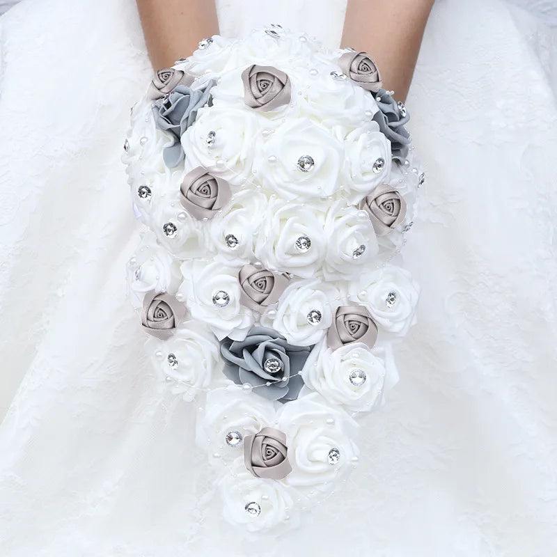 Waterfall New Wedding Bouquets for Bride and Bridesmaid Rose Rhinestones Hand Flower Party Wedding Decoration