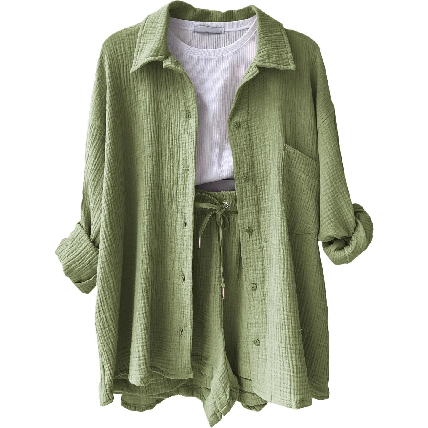 Short Sets Women Tracksuit Single Breasted Cardigan Blouses Two Pieces Shorts Loose Button High Street Solid Pockets Folds