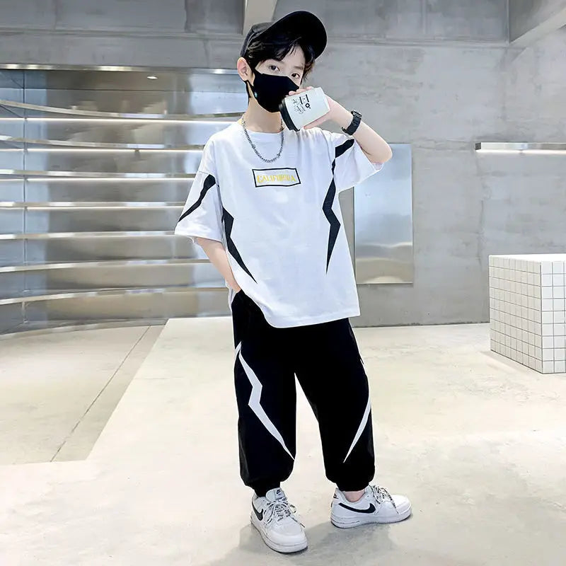 Summer Boys Cotton Alphabet Lightning T-Shirt Tops+Sweatpant School Kids 2PCS Tracksuit Child Jogger Outfit Workout Set 5-14 Yr