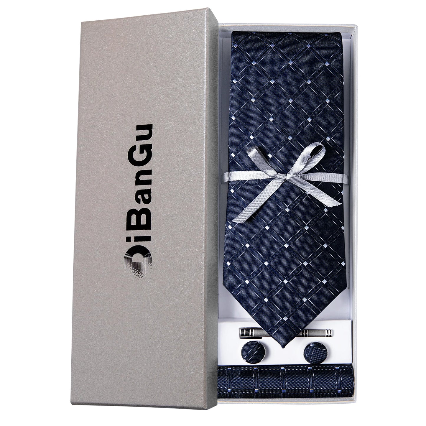 Solid Black Plaid Men's 8cm Polyester Neck Tie Handkerchief Cufflinks Set with Gift Box Tie Clip Birthday Anniversary Gift