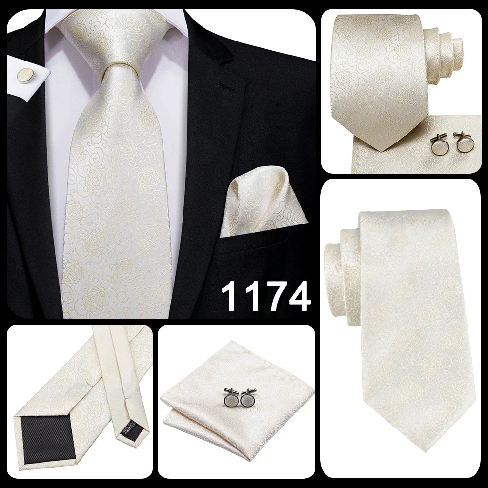 Hi-Tie Champagne Ivory Floral Solid Design Silk Wedding Tie For Men Quality Hanky Cufflink Fashion Nicktie Business Dropshipping
