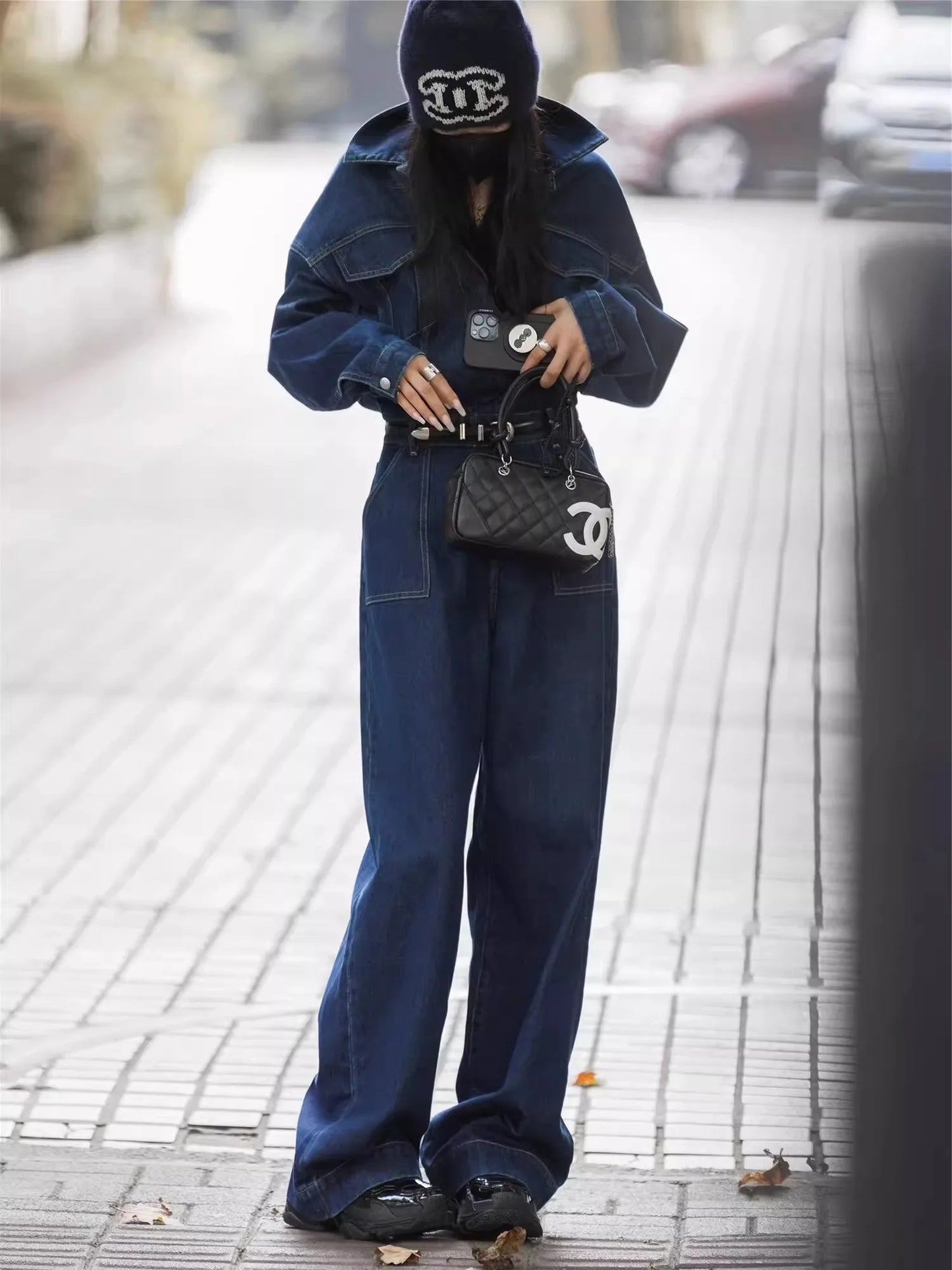 Blue Design Denim Jumpsuit Women'S Spring And Autumn Collar Fashionable Workwear Large Pocket Loose Pants