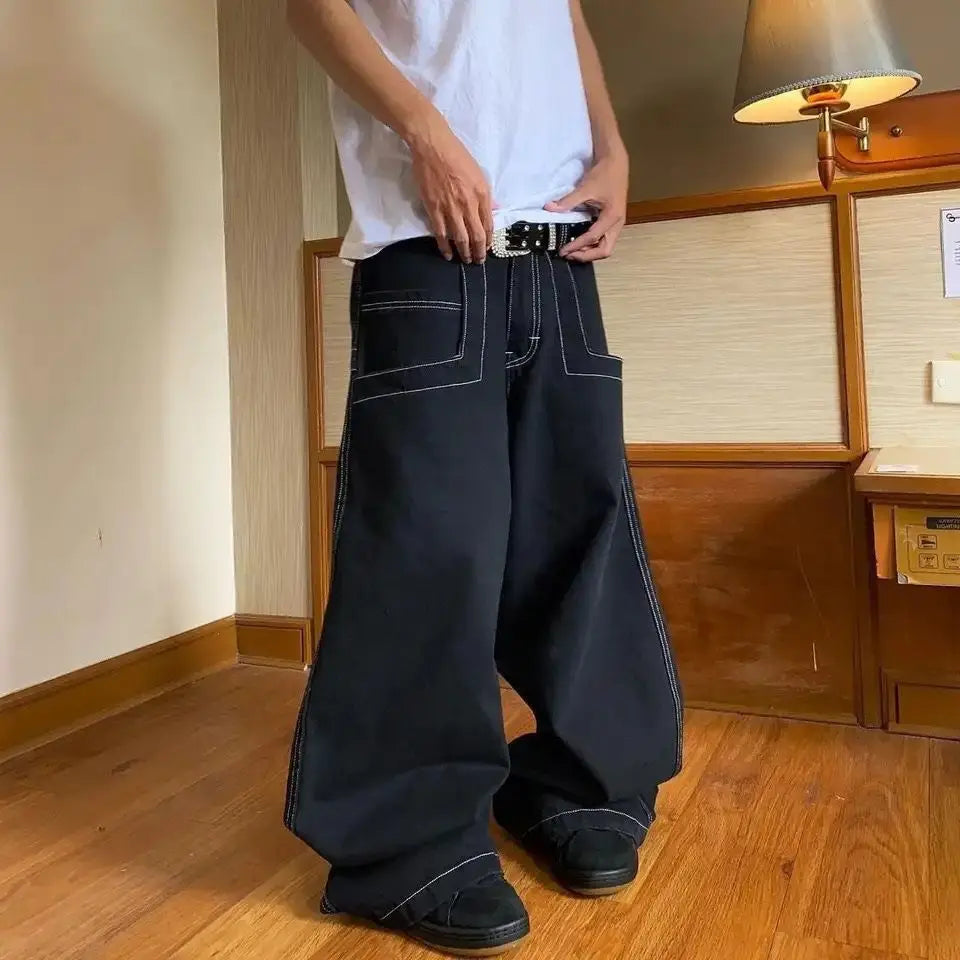 HOUZHOU Y2k Oversized Black Women Jeans Vintage Wide Leg Embroidery Denim Trousers Grunge Hip Hop Style Streetwear Baggy Jeans
