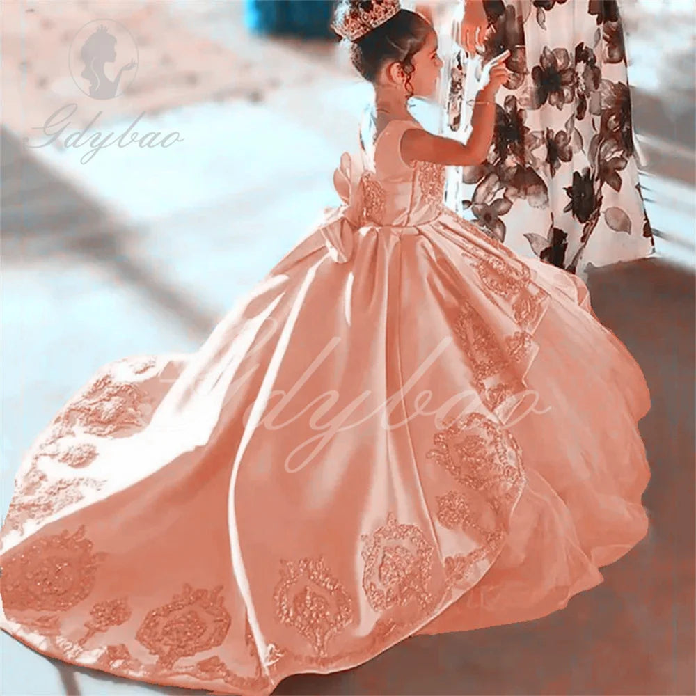 High Quality First Communion Dresses Kids Evening Ball Gown Gold Applique Bow Girls Pageant Dress Satin Tulle Flower Girl Dress