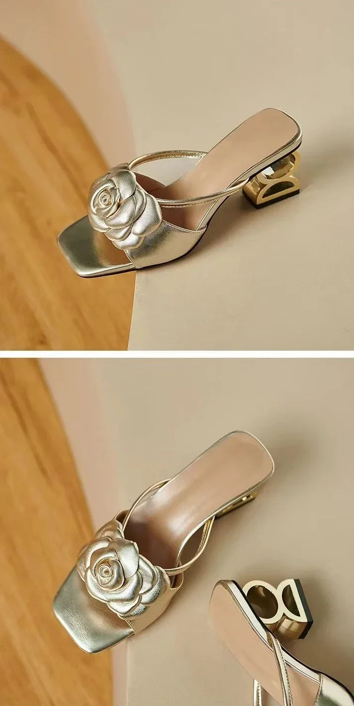 Women Shoes 2025 New Summer Big Size 34-42 Fashion Flowers Black Beige Gold Dress Party Wedding Female Sandals Shoes