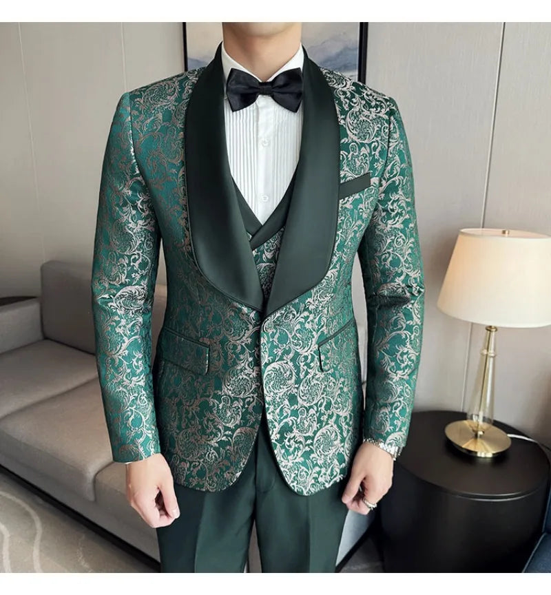 Spring 2025 Men's British Style Business Casual Three-Piece Suit Vest Trousers High-Density Jacquard Wedding Dress