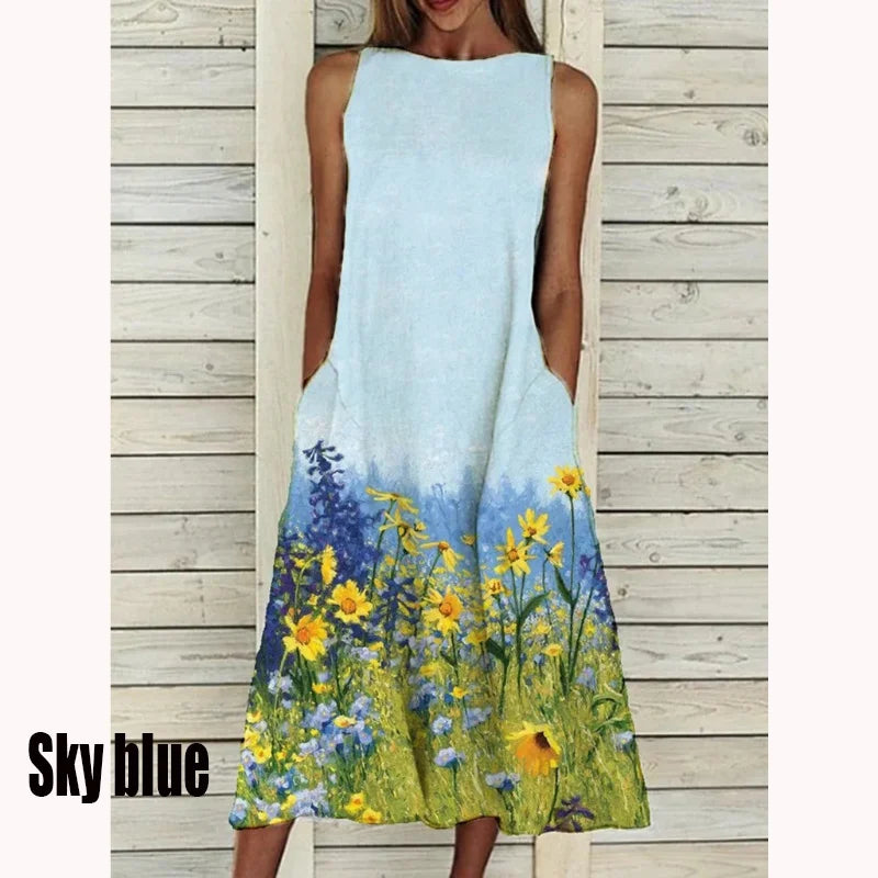 2023 Summer Women Clothing Fashion Elegant Sleeveless Print A-Line Dress Round Neck Casual Party Dresses Girls Sweet Dress