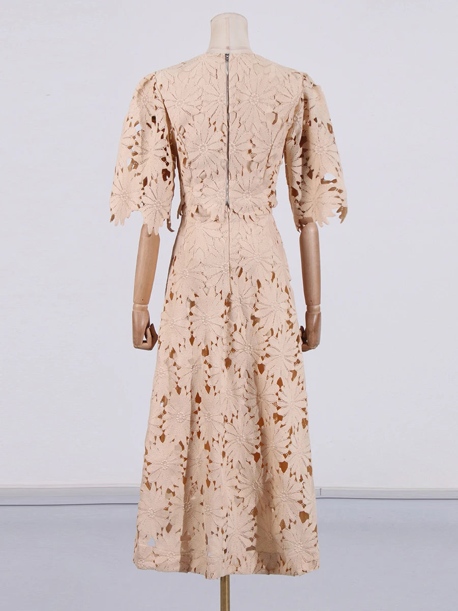 VGH Embroidery Two Piece Set for Women O Neck Batwing Sleeve Top High Waist Hollow Out A Line Long Skirt Elegant Suit Female New
