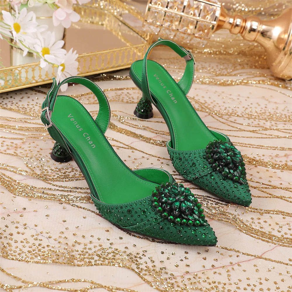 Luxury Elegant High Heels Royal Blue Color Diamond Embellished Pointed Toe Women's Shoes for Wedding Party Casual 2025 Style