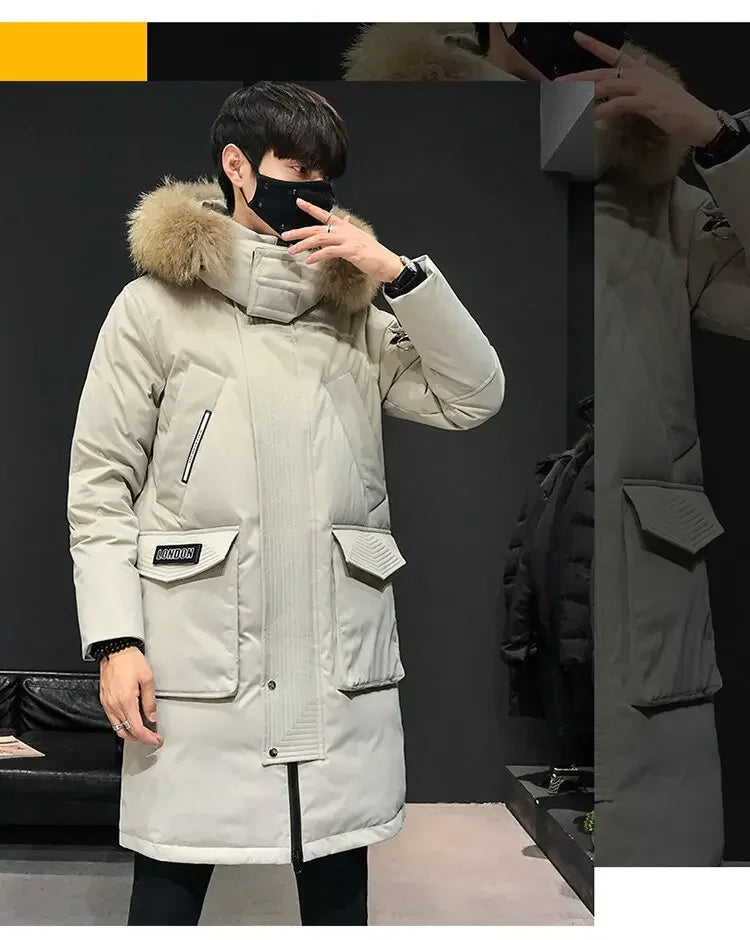 Men's Thickened Down Jacket Hooded Faux Fur Collar Winter Long Parka Jacket Outdoor Street Fashion Jacket Men's Clothing 2024