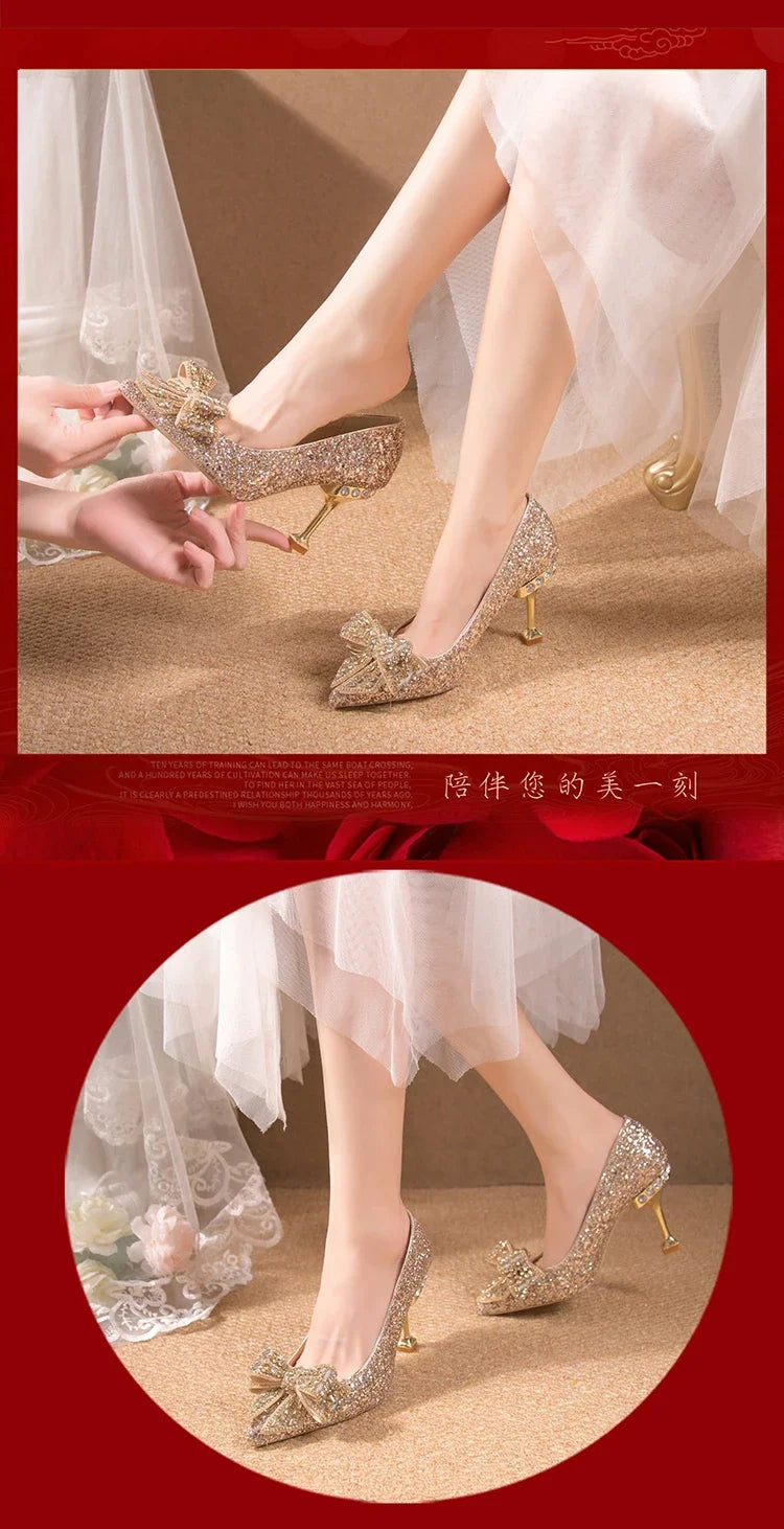 Women's Rhinestone Wedding Shoes New Year Shoes Luxury Buckle Decorative Banquet Women's Shoes High Heels Gold Silver Red