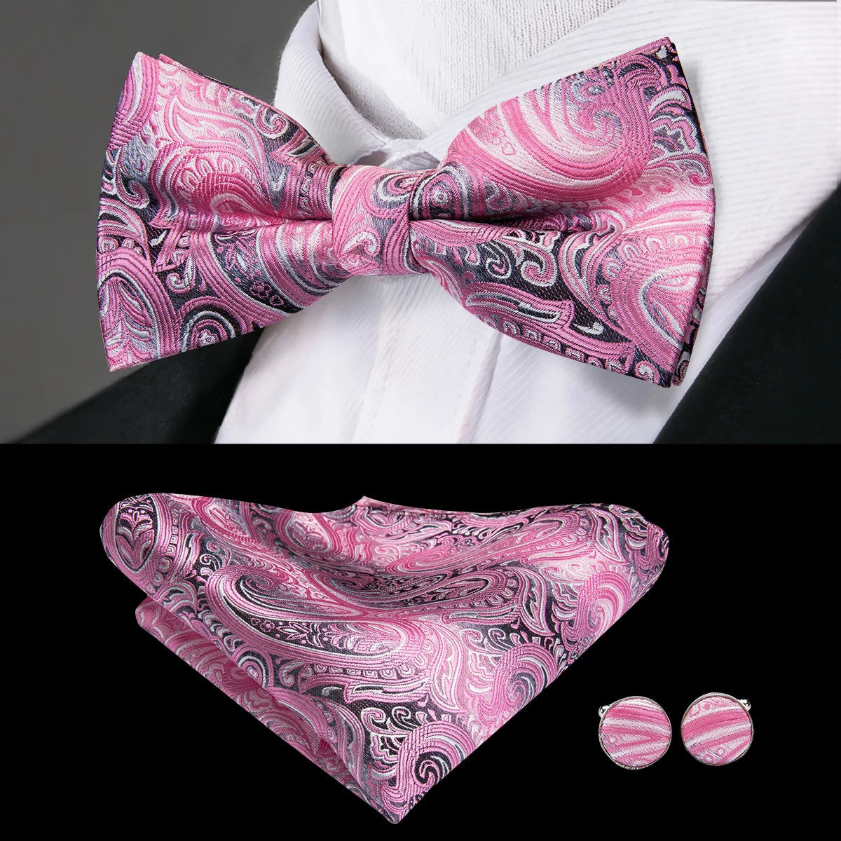 Hi-Tie Pink Dot Silk Mens Pre-tied Bow Tie Hanky Cufflink Set Dusty Pink Butterfly Knot Bowtie for Male Wedding Business