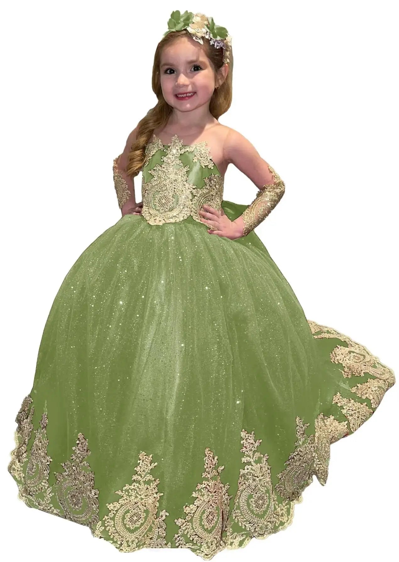 Glitter Puffy Princess Flower Girl Dresses Gold Appliques Bow Tulle Long Pageant Wedding Party Mini Quinceanera Dress Ball Gowns
