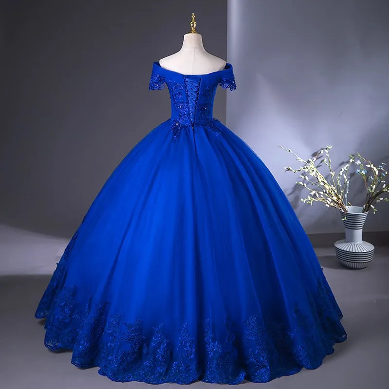 Royal Blue Off The Shoulder Lace Wedding Dress Appliques Beading Bride Dress Vintage Bridal Dresses Plus Size Customized