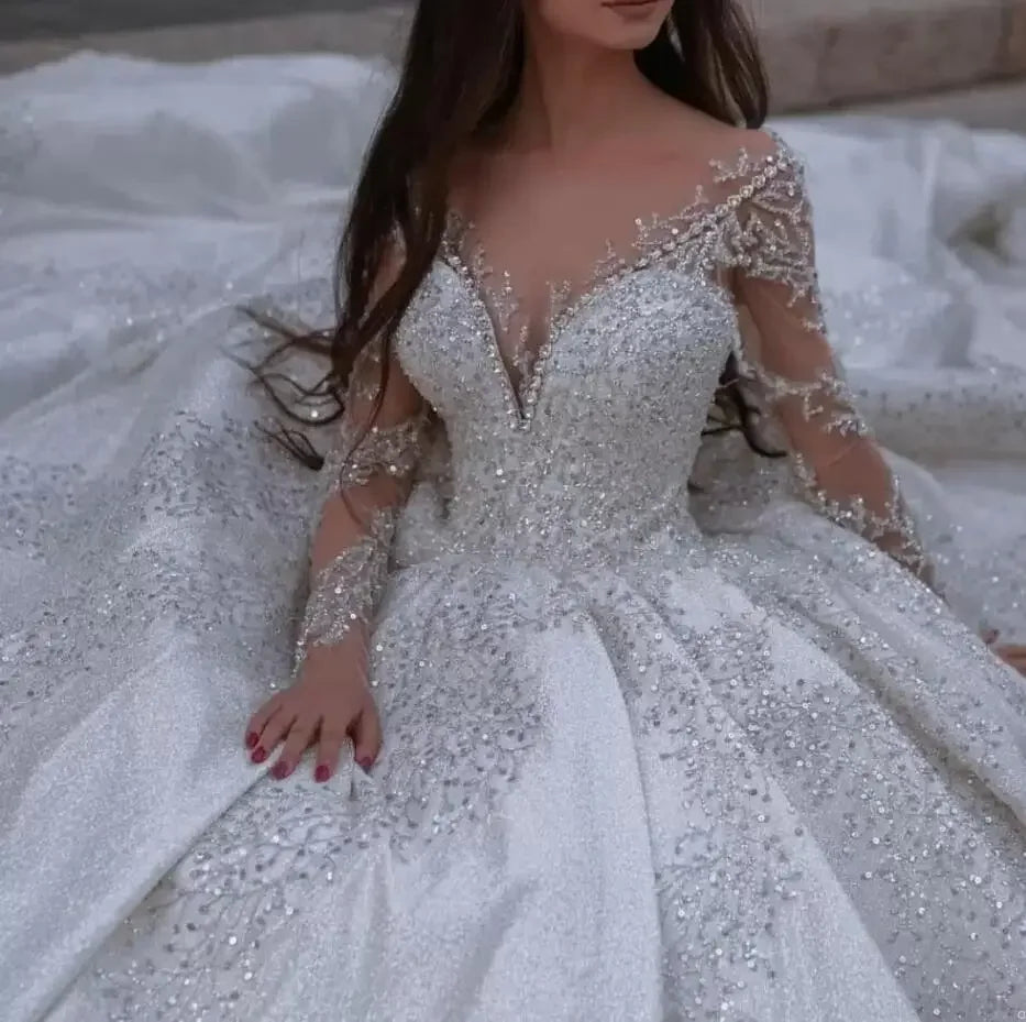 Customized Deep V Neck Full Beaded Sequins Wedding Dress Cathedral Train Long Sleeves Vestido De Casamento Bridal Gowns