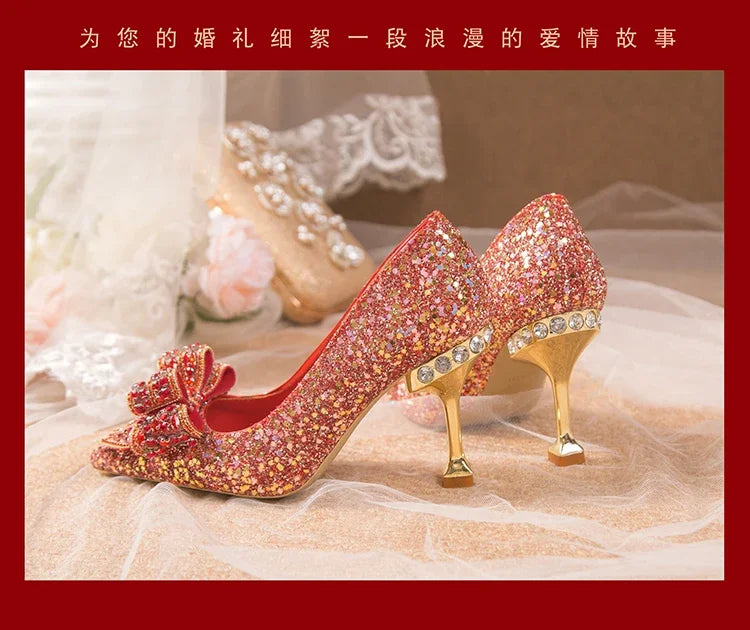 Women's Rhinestone Wedding Shoes New Year Shoes Luxury Buckle Decorative Banquet Women's Shoes High Heels Gold Silver Red