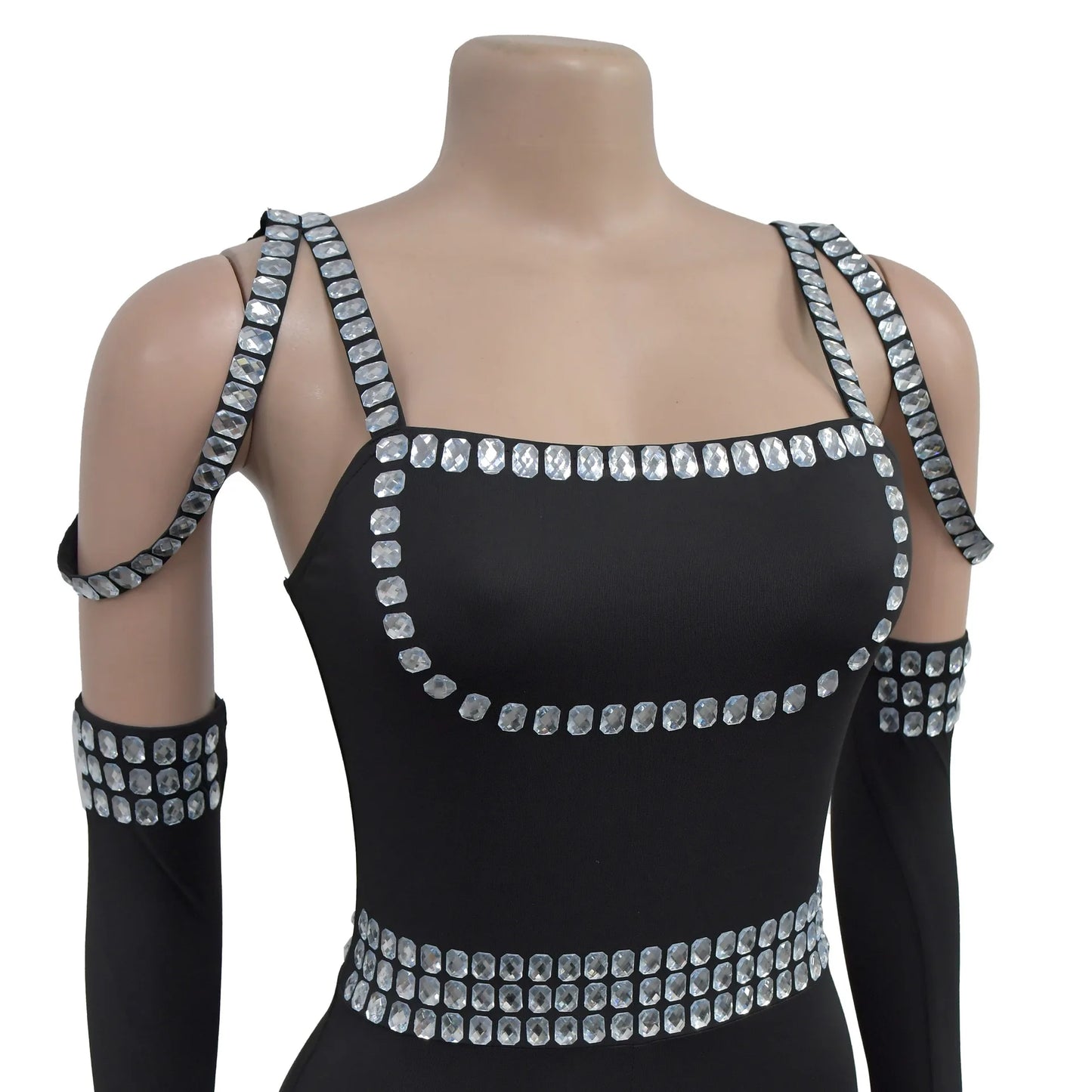 CM.YAYA Women Diamonds Hot Rhinestones Sexy Strap Long Sleeve Jumpsuits Streetwear Club One Piece Overall Rompers with Gloves