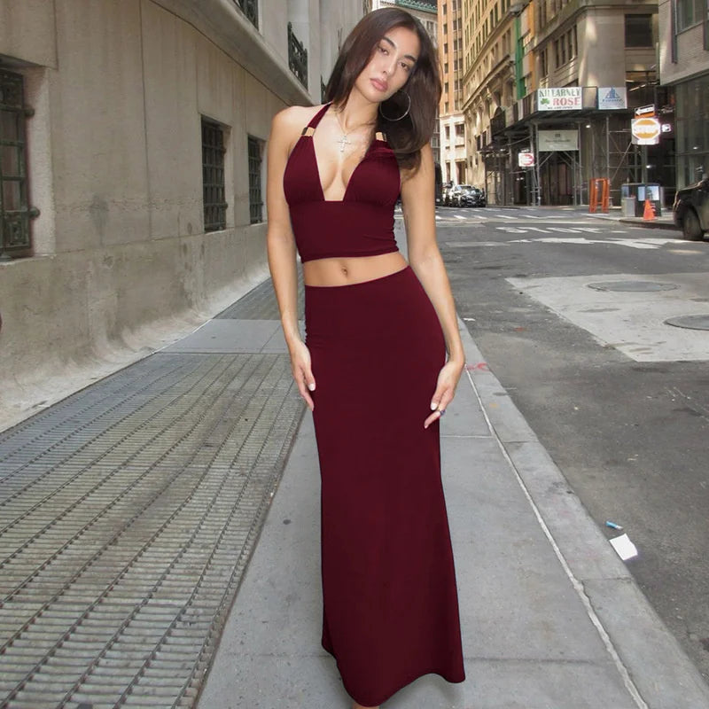 Mozision Elegant Summer 2 Piece Sets Women Metal Ring Crop Tops And Maxi Skirt Female Fashion Solid Lace-up Beach Two Piece Sets