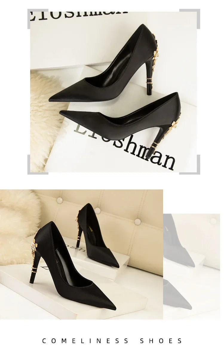 Women's Metal Flowers Stiletto High-heel Shoes Female Light Luxury Sexy Fashion Wedding Shoes Pointed Toe Satin Single Shoes