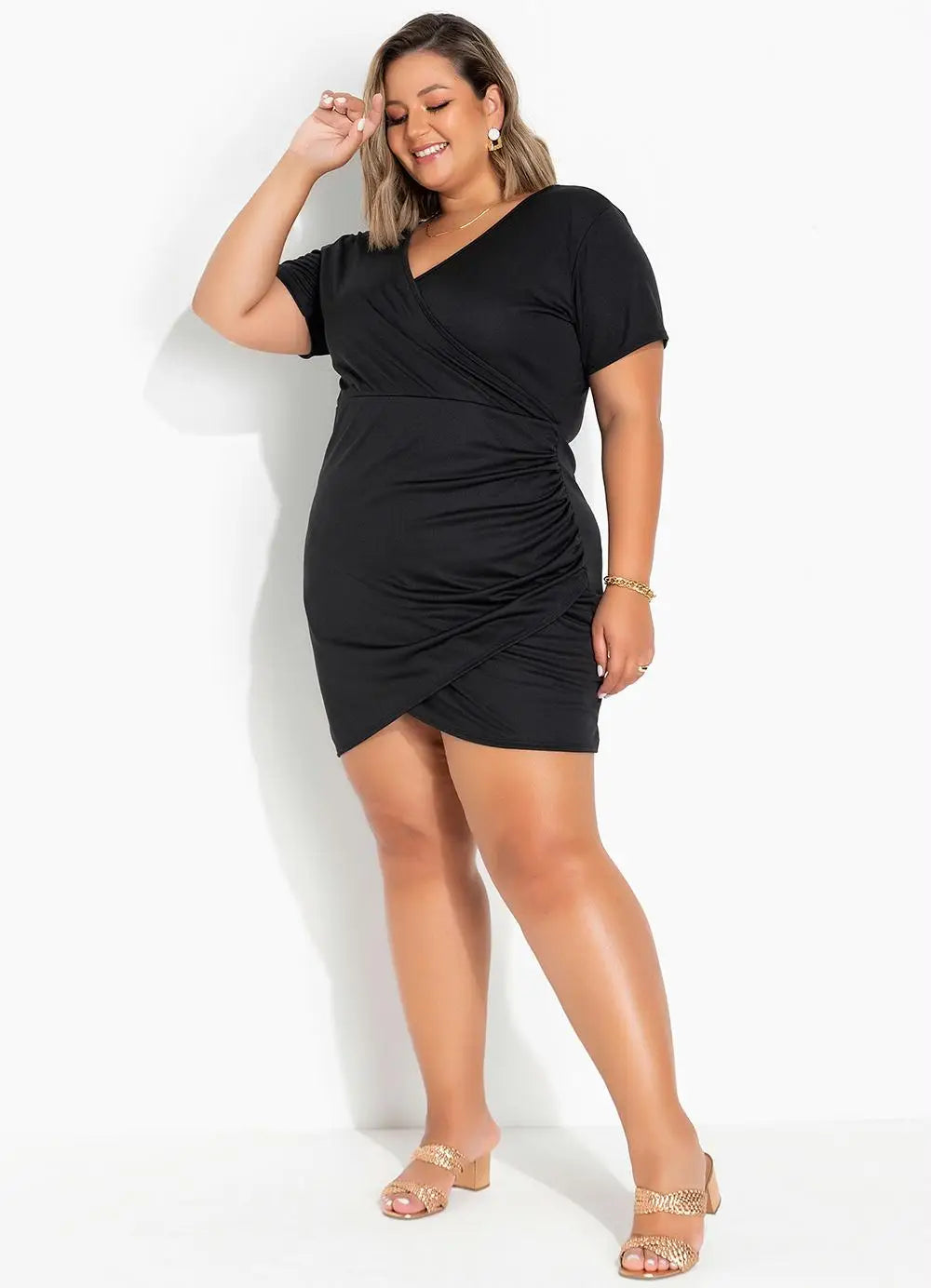 Plus Size1XL-5XL Solid Color Package Hip Dress V-neck Cross-fold Irregular Mini Dress Business Office Wear Sexy Elegant Fashion