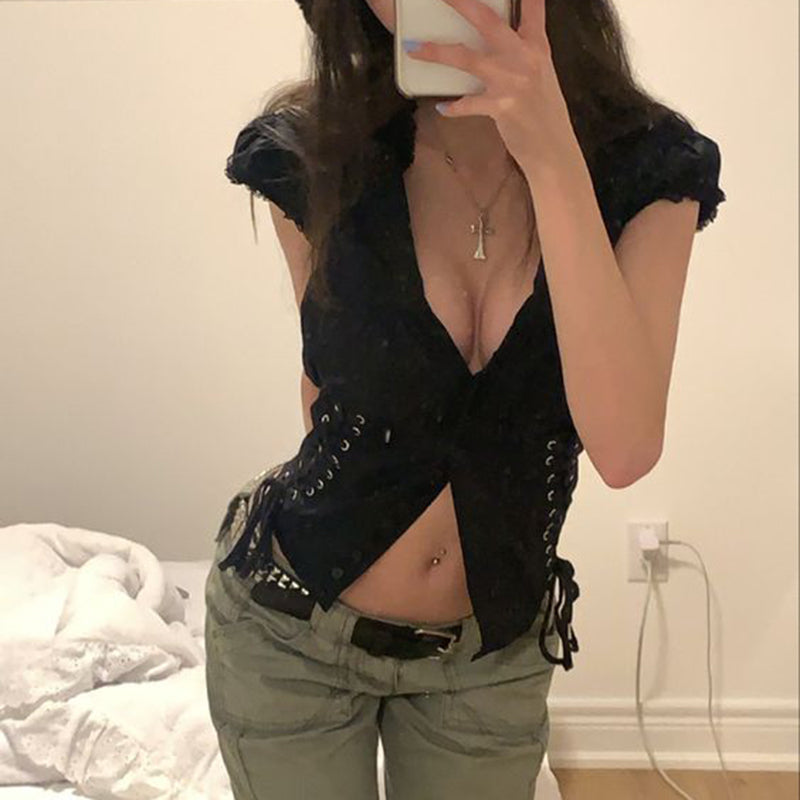00s Retro Y2K Lace Trim Button Up Croset T-Shirt Korean Grunge Bandage Crop Top Gothic Punk Style Aesthetic Tees Women Clothes