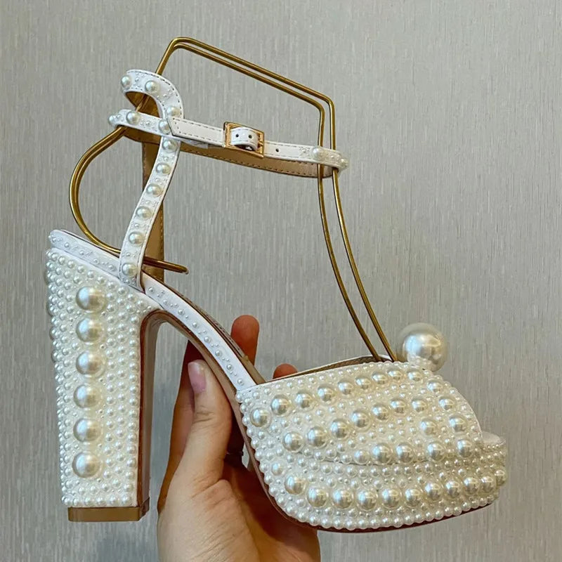 Fully Handmade Luxury Pearls Thick Heeled Peep toe Women Sandals Summer Fashion Platform Wedges High heels Wedding Banquet Shoes