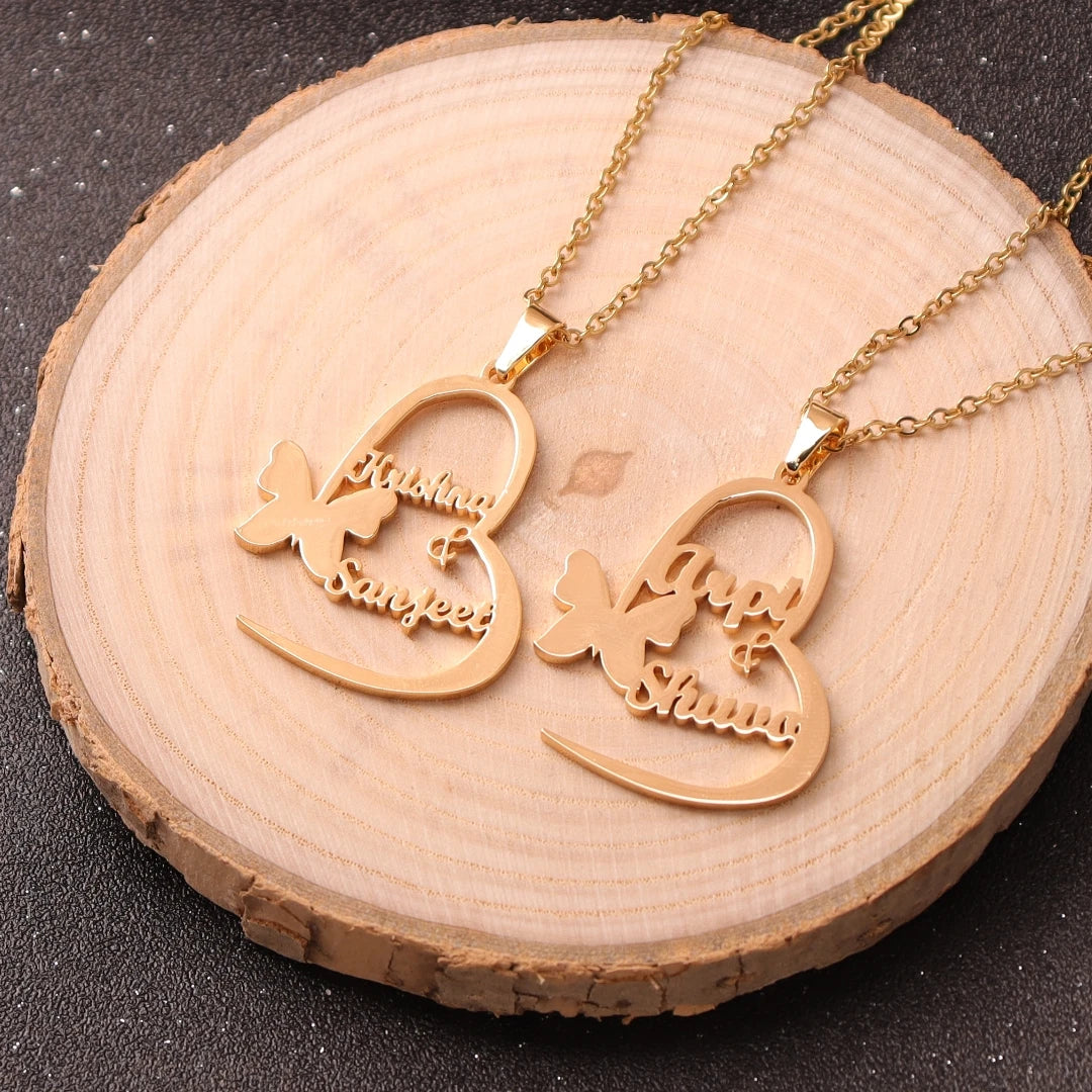 Personalized Customized Butterfly Name Necklace Stainless Steel Heart Custom Nameplate Necklace For Women Jewelry Gift