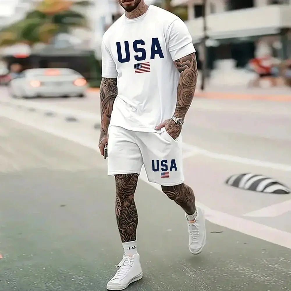 Men's Outdoor Printed T-shirt Shorts 2-piece Set 3D Printed O-neck Fashionable Men's Casual Breathable and Comfortable Set