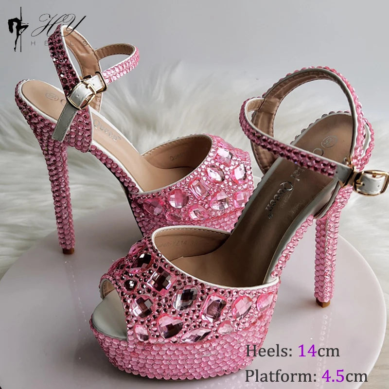 Fashion Diamond Wedding Shoes Ladies 14cm Heels Open-toed High-heeled Waterproof Platform Party Shoes Women