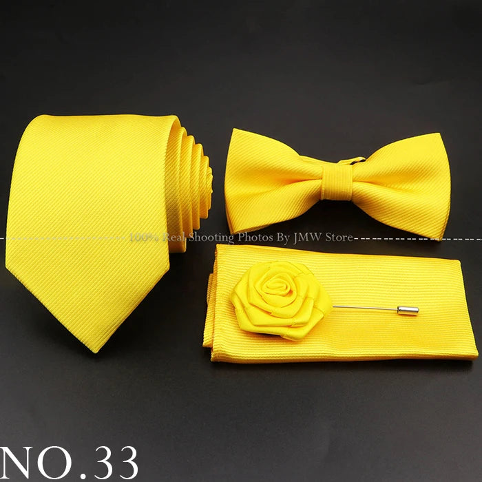 Hot Sale Red Blue Tie Set Polyester Slim Striped Necktie Bowtie Cufflink Brooch For Groom Suit Wedding Cravat Shirt Accessory
