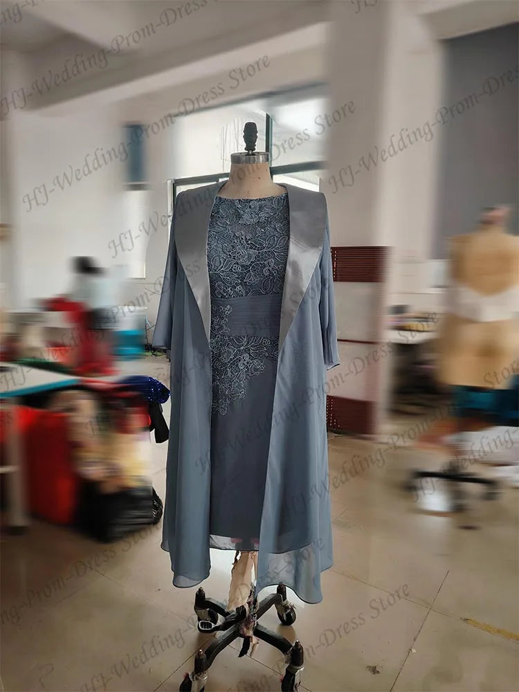Mother of the Bride Dresses For Weddings Midi Dusty Blue Knee-Length Floral Lace Appliques Layered Ruched فستان