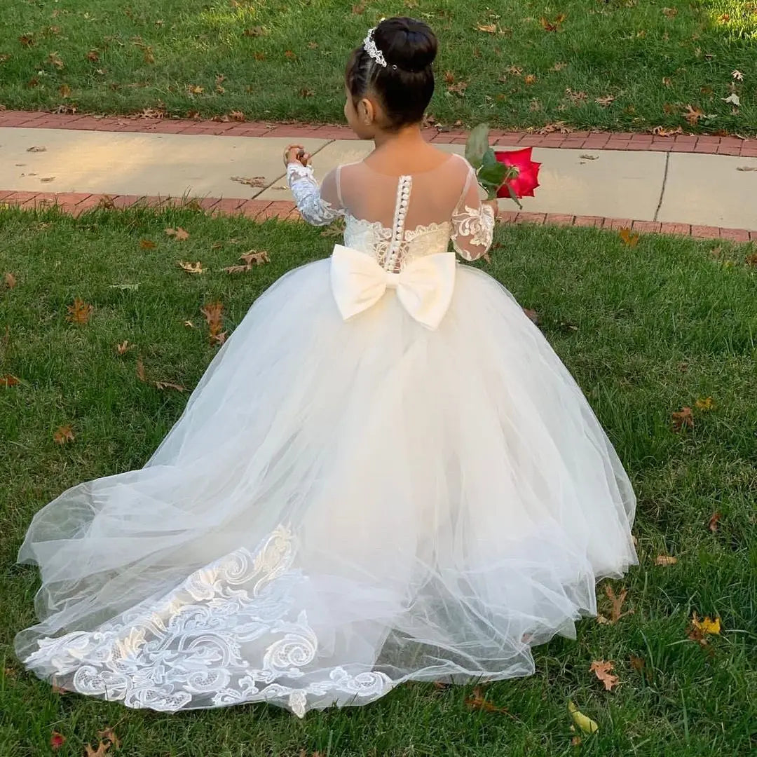 2024 Toddler Lace Tulle Flower Girls Dress Princess Kids Child Baptism Wedding Party Junior Bridesmaid Maxi Ball Gown Evening