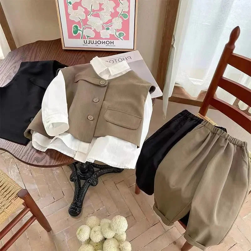 2022 Children Sets Shirts Turn-down Collar Vest Single Breasted Pants Ankle Length Loose Solid Soft Simple Casual Autumn Boys