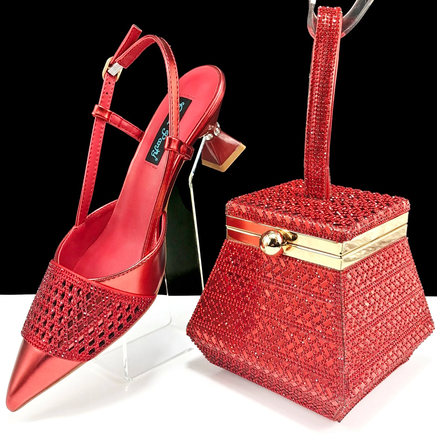 Newest Elegant Mature Style Black Color Party Wedding High Heel Pointed Toe Women Shoes and Bag full of Sequins Decoration